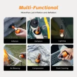 Portable air pump, camping lantern, inflator, deflator, compact.