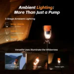 Portable air pump, camping lantern, inflator, deflator, compact.