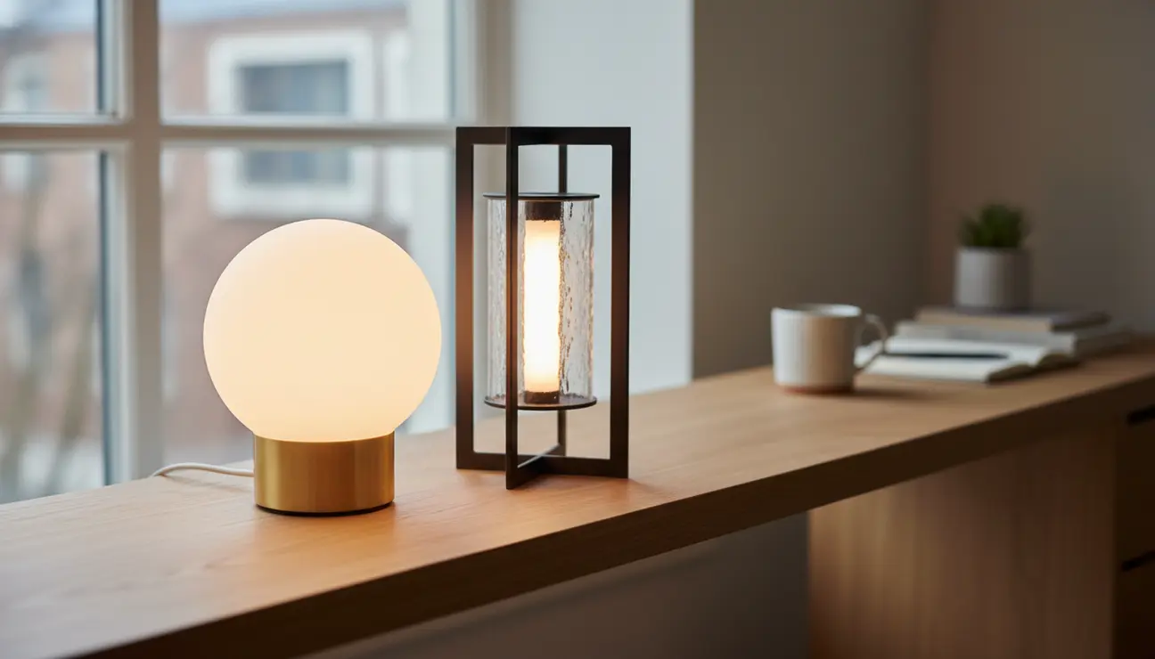 Minimalist cordless portable ambient light on wooden shelf.