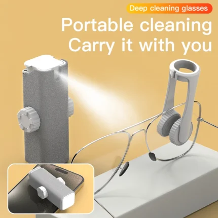 Portable multi-function eyeglass and screen cleaner with spray