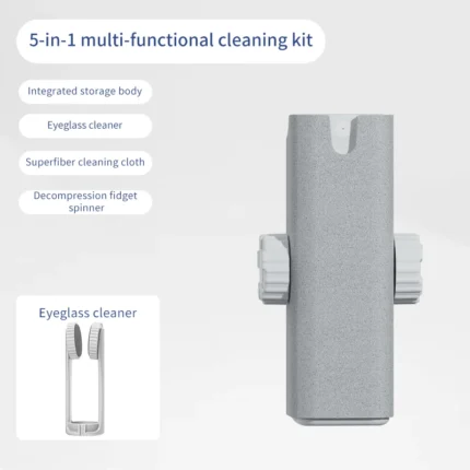 Portable multi-function eyeglass and screen cleaner with spray