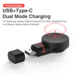 Portable Samsung Galaxy Watch USB charger with dual power input.