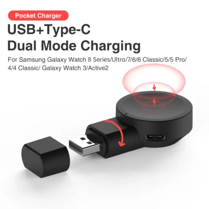 Portable Samsung Galaxy Watch USB charger with dual power input.