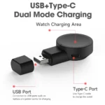 Portable Samsung Galaxy Watch USB charger with dual power input.