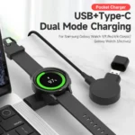 Portable Samsung Galaxy Watch USB charger with dual power input.