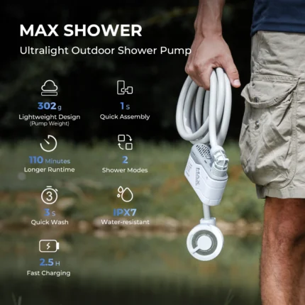 Portable outdoor shower pump for camping and hiking