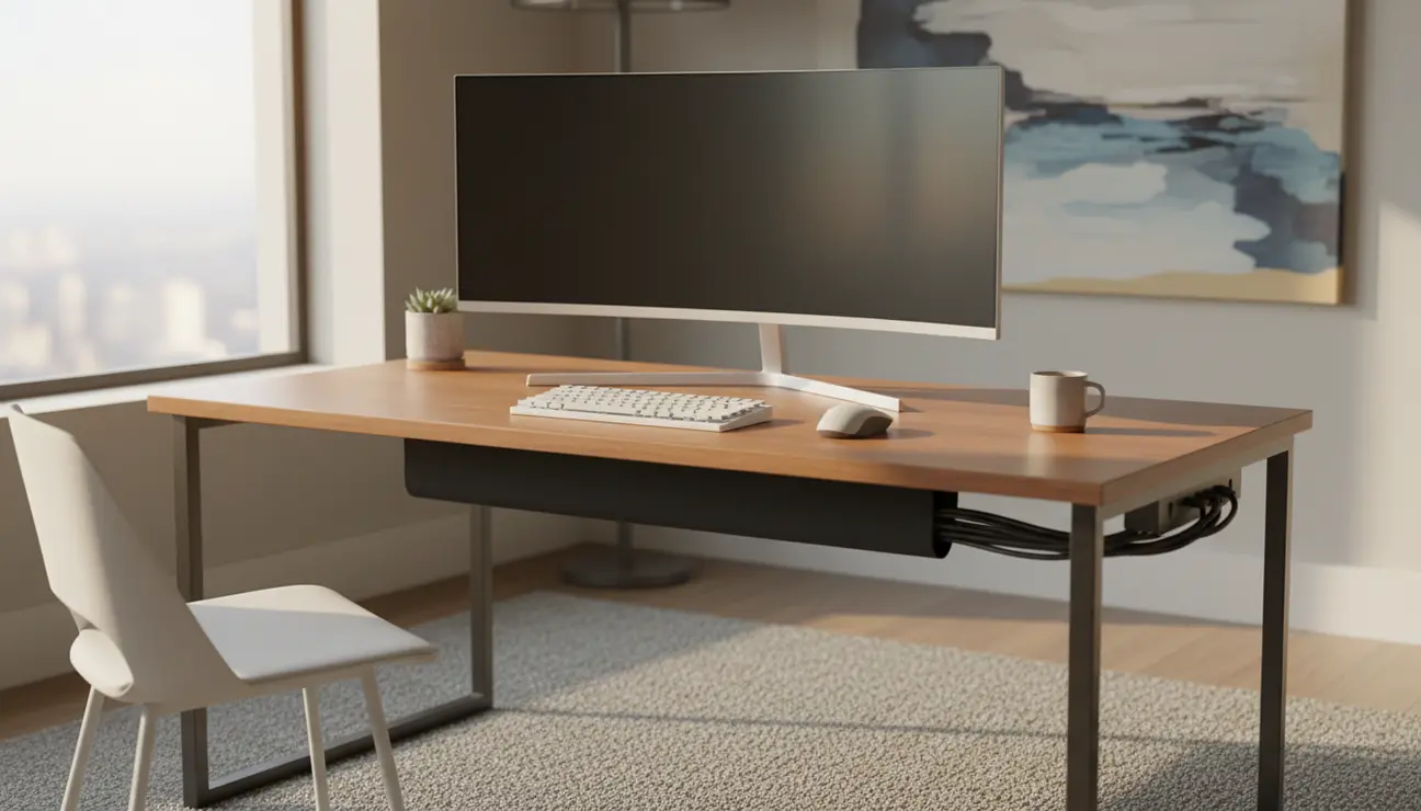Clean renters cable management on a minimalist desk.