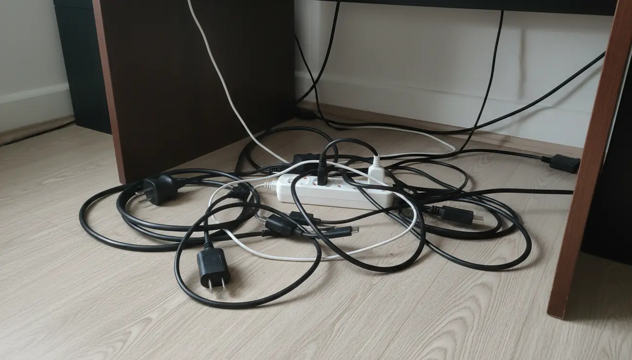 Tangled cables before applying renters cable management.