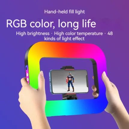 RGB LED video light with phone mount for vlogging