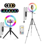 RGB ring light kit with dual tripods, remote, phone holder