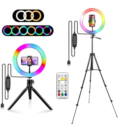 RGB ring light kit with dual tripods, remote, phone holder
