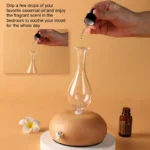 Silent waterless essential oil nebulizer with wood and glass design.