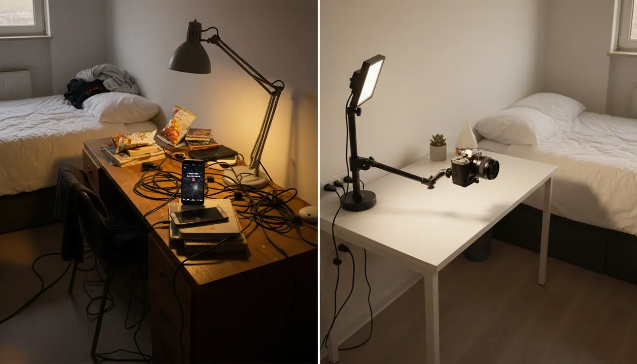 Before and after small bedroom studio transformation.