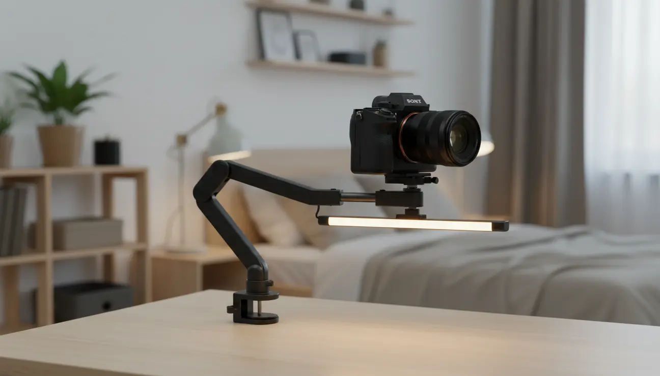 Desk-mounted camera arm and LED light setup.