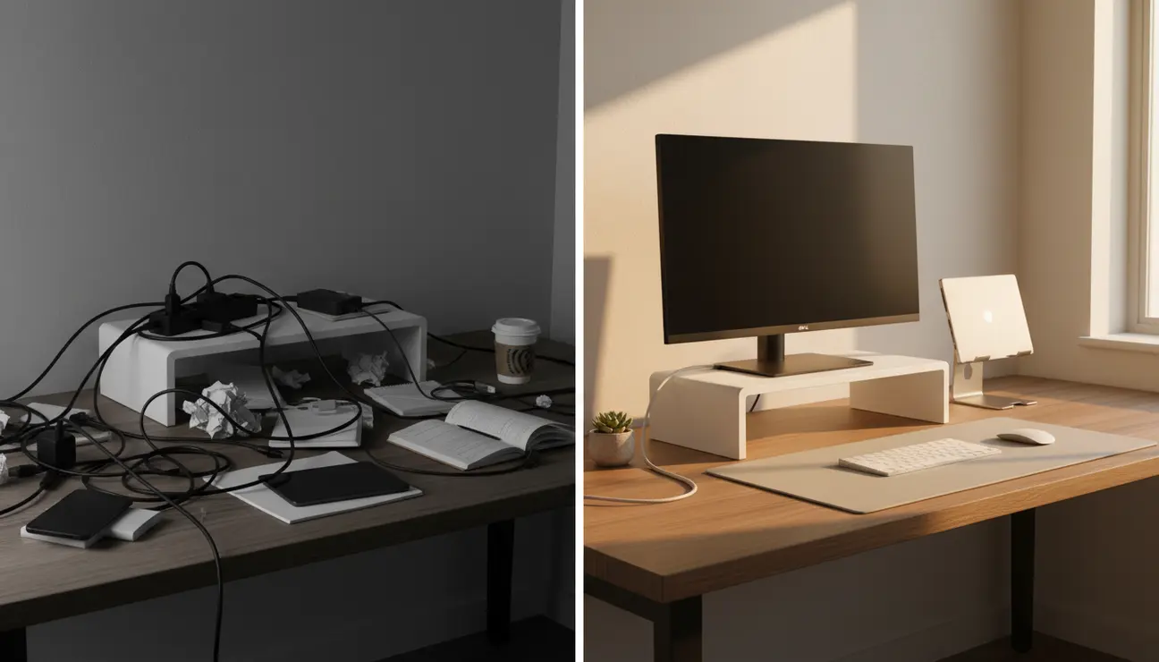 Small desk organization before and after comparison.