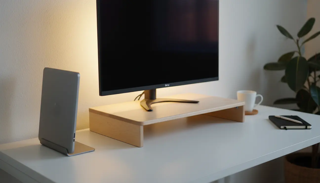 Minimalist small desk with monitor riser stand.