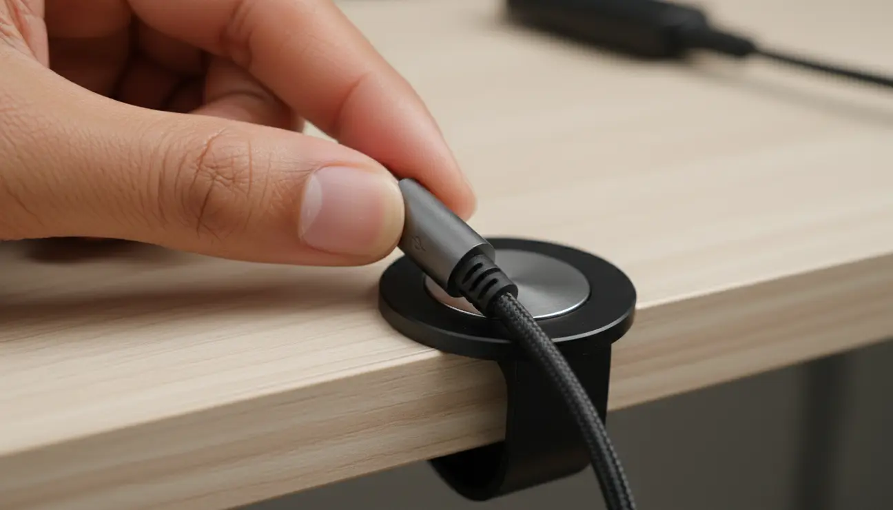 Magnetic cable management clips on a desk.