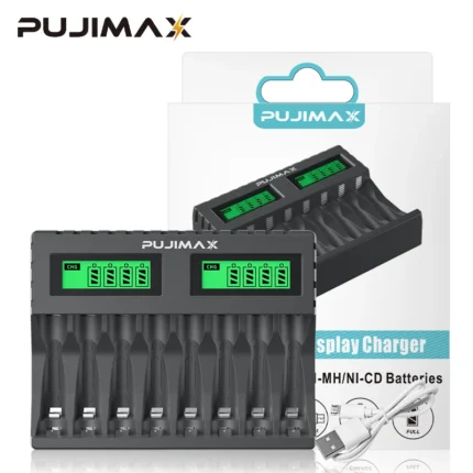 Smart 8-slot AA AAA Ni-MH Ni-CD battery charger with LCD display.