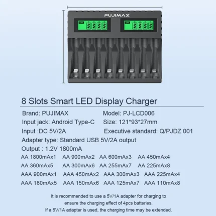 Smart 8-slot AA AAA Ni-MH Ni-CD battery charger with LCD display.