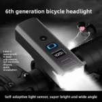Smart bicycle headlight with auto sensor and LCD display for night cycling.
