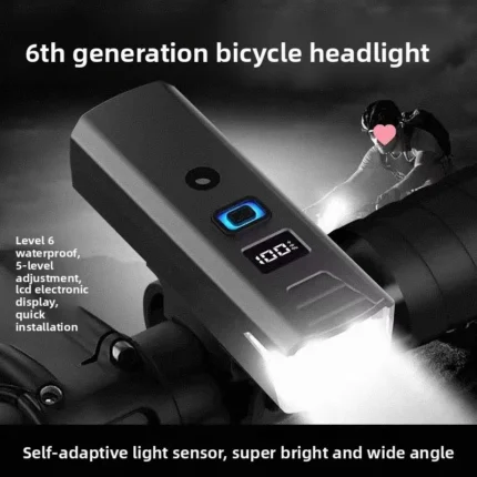 Smart bicycle headlight with auto sensor and LCD display for night cycling.
