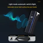 Smart bicycle headlight with auto sensor and LCD display for night cycling.
