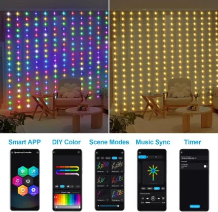 Smart RGB LED curtain string lights for outdoor party decor