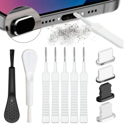 Smartphone port cleaning kit with brushes and dust plugs