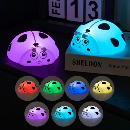 Soft silicone ladybug night light with multi-color and dimmable settings