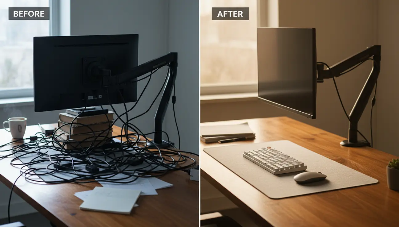 Before and after comparison of standing desk essentials.