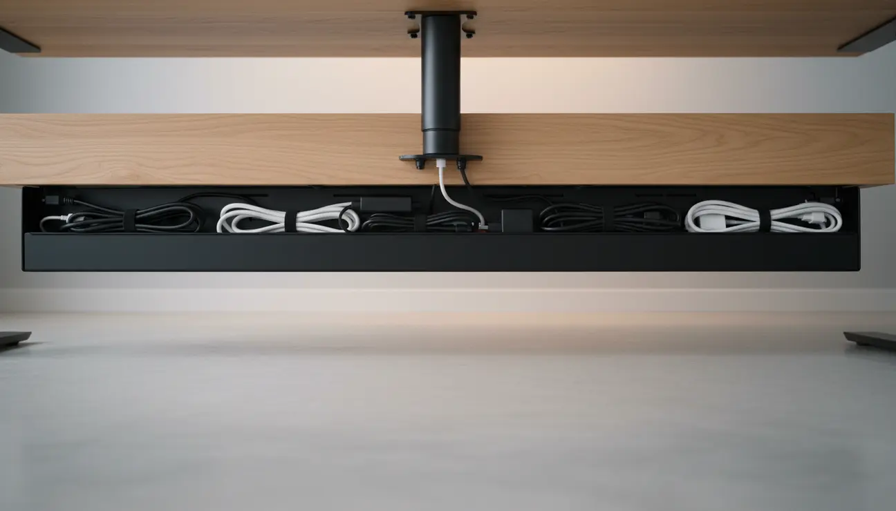 Under-desk cable organizer and monitor arm essentials.