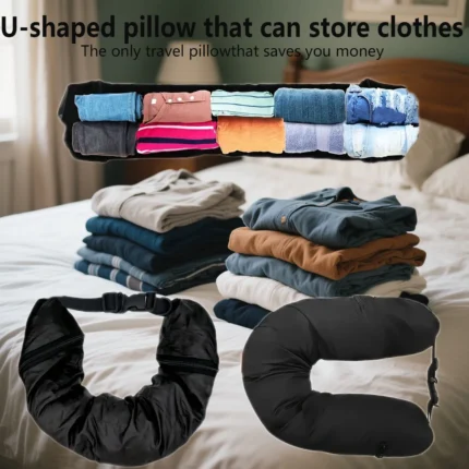 Stuffable travel neck pillow with hidden clothing storage