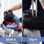 Stuffable travel neck pillow with hidden clothing storage