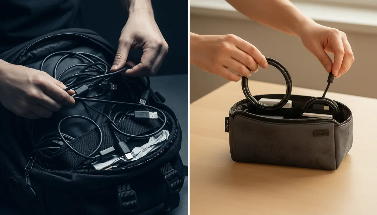 Tech EDC for creators showing organized vs messy cables.