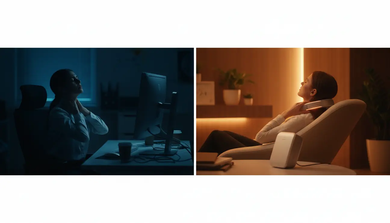 Split screen showing tech neck relief transformation.