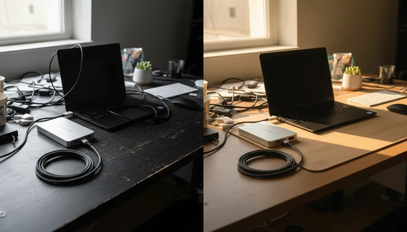 Before and after minimalist Thunderbolt dock setup transformation.