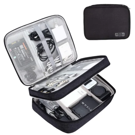Travel electronics organizer bag with customizable dividers and water-resistant exterior