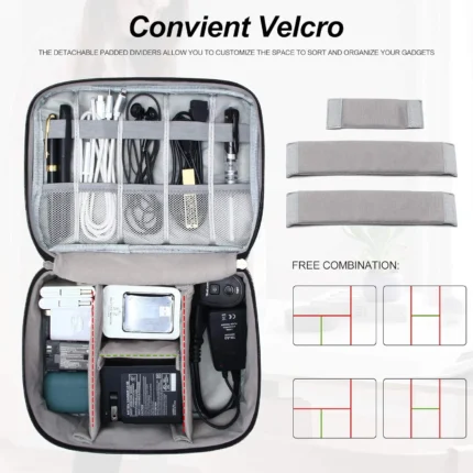 Travel electronics organizer bag with customizable dividers and water-resistant exterior