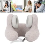 U-shaped travel neck pillow with integrated headphones and adjustable strap.