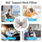 U-shaped travel neck pillow with integrated headphones and adjustable strap.