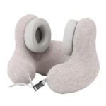 U-shaped travel neck pillow with integrated headphones and adjustable strap.