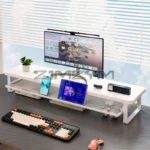 Two-tier monitor riser with wood top and mesh storage shelf