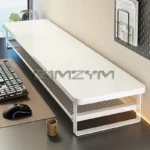 Two-tier monitor riser with wood top and mesh storage shelf