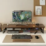 Two-tier monitor riser with wood top and mesh storage shelf