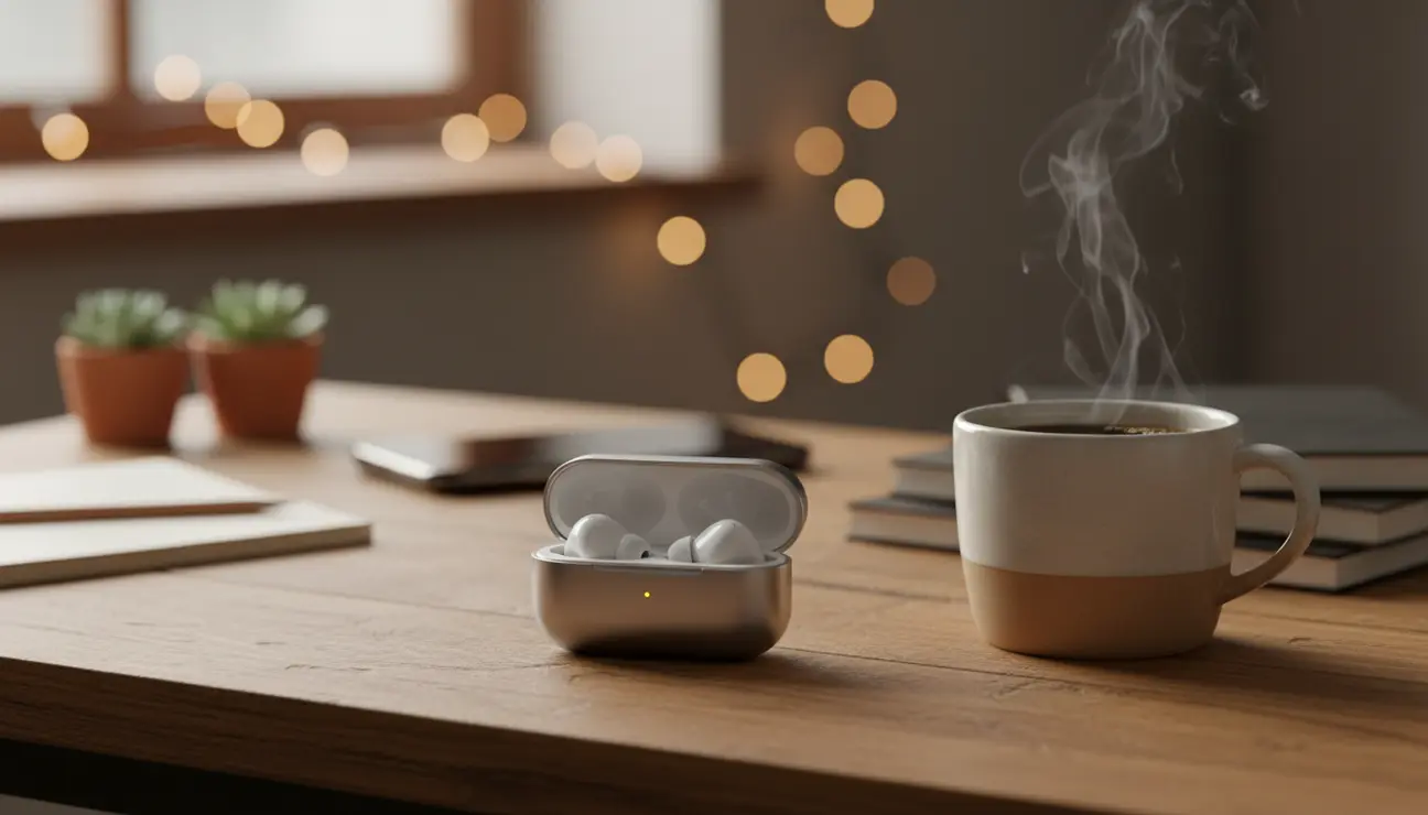 Noise Cancelling Earbuds on Minimalist Desk