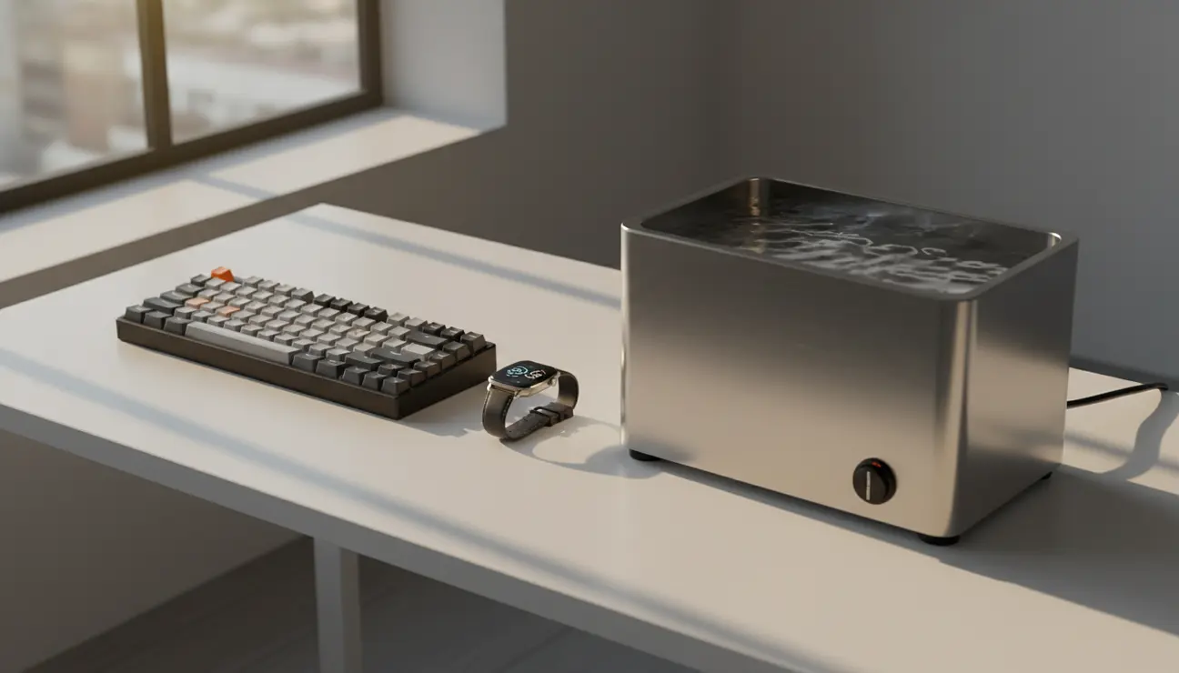 Premium ultrasonic cleaner on a minimalist desk setup.