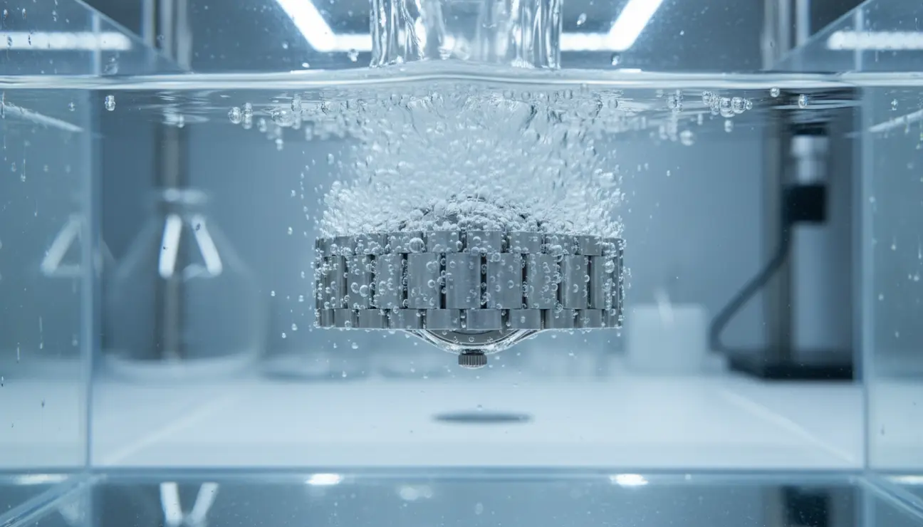 Cavitation bubbles cleaning a metal watch band.