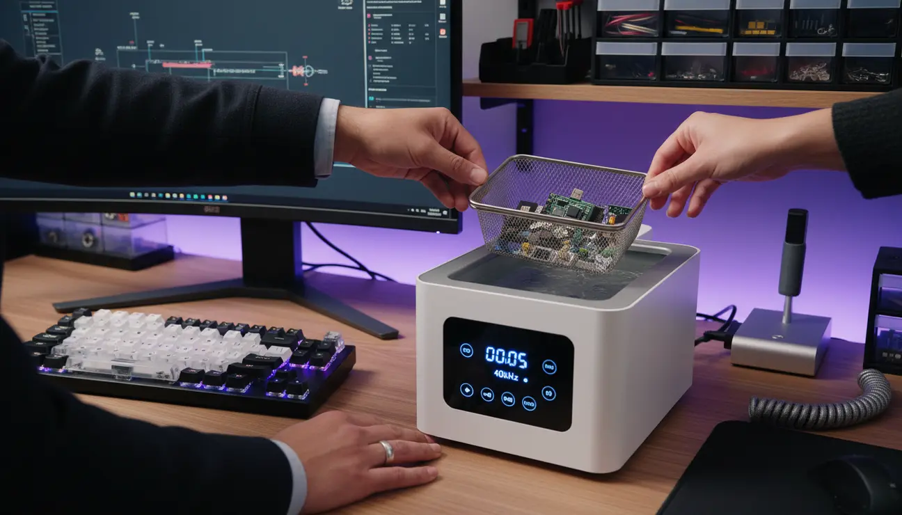 Hands placing tech components into ultrasonic cleaner.
