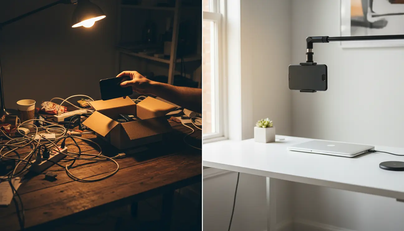Split screen showing amateur vs professional unboxing video setup.