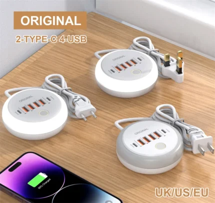 Universal 6-port USB-C PD 50W fast charging hub with night light.